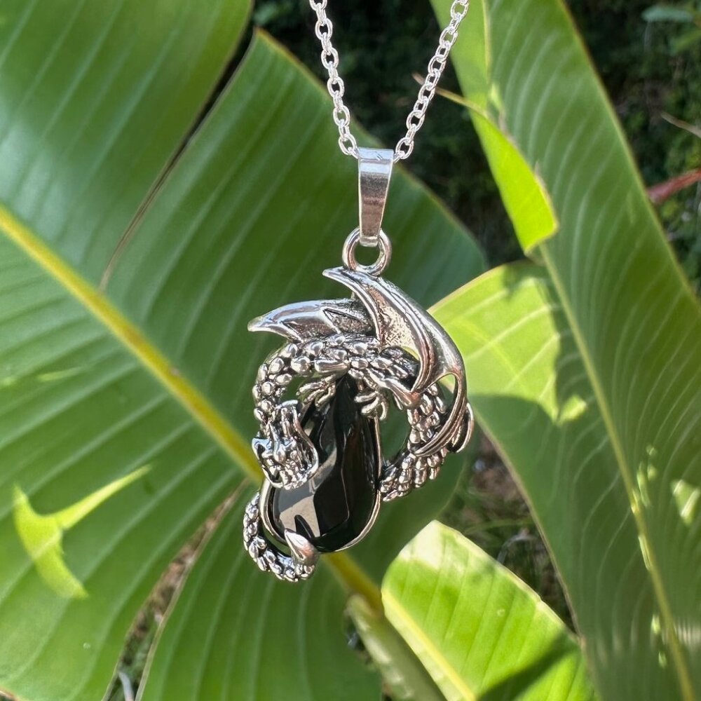 NEW Obsidian Dragon Crawling Pendant Black Obsidian Necklace